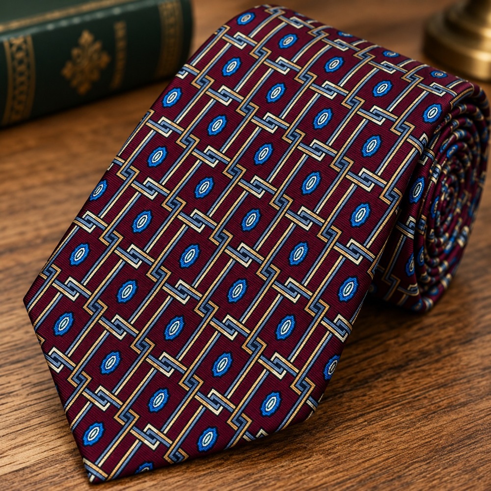 Andhurst Men's Necktie Burgundy Architectural Foulard Motif 100% Silk W4